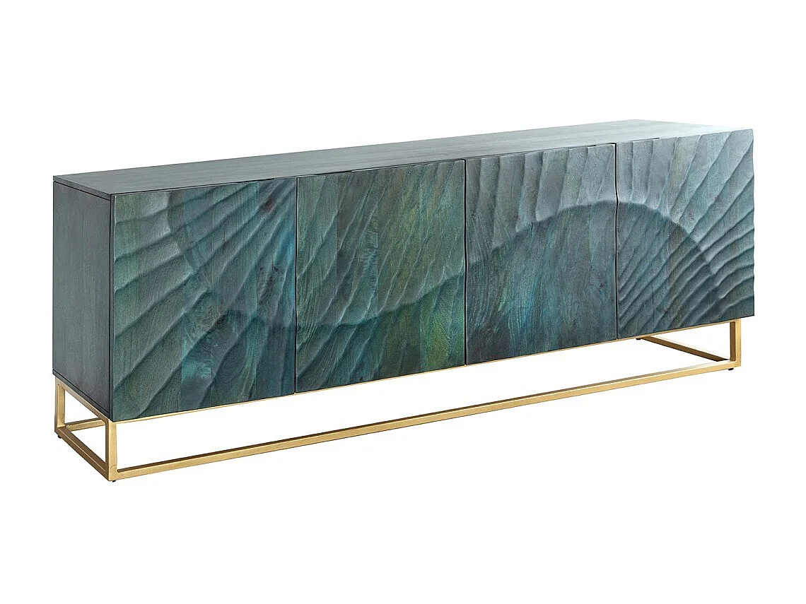 Buffet LUMBER 180 cm – Bois sculpté turquoise et doré, style design contemporain