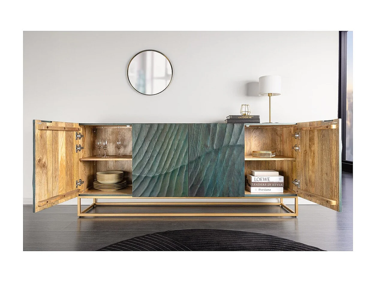 Buffet LUMBER 180 cm – Bois sculpté turquoise et doré, style design contemporain