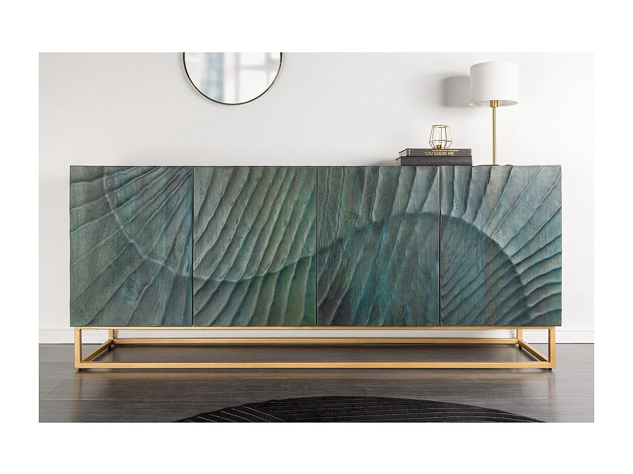 Buffet LUMBER 180 cm – Bois sculpté turquoise et doré, style design contemporain