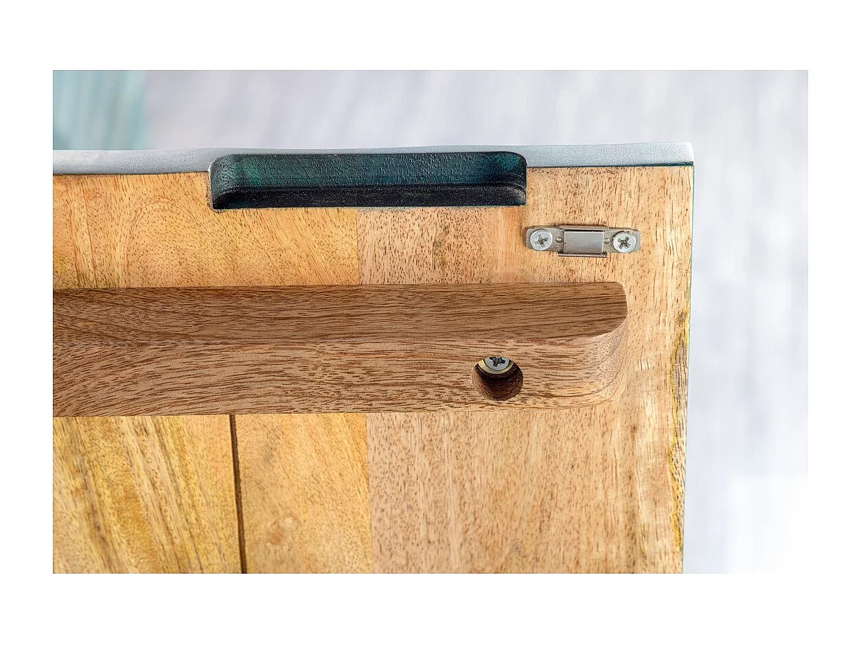 Buffet LUMBER 180 cm – Bois sculpté turquoise et doré, style design contemporain