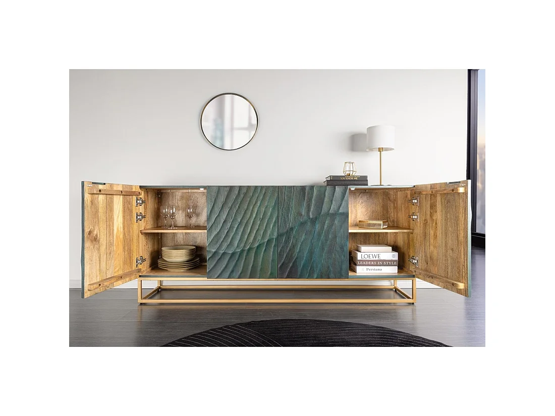 Buffet LUMBER 180 cm – Legno scolpito turchese e dorato, stile design contemporaneo