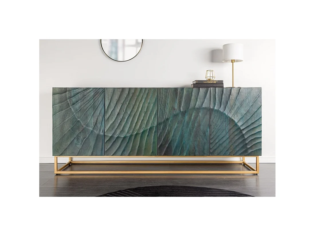 Buffet LUMBER 180 cm – Legno scolpito turchese e dorato, stile design contemporaneo