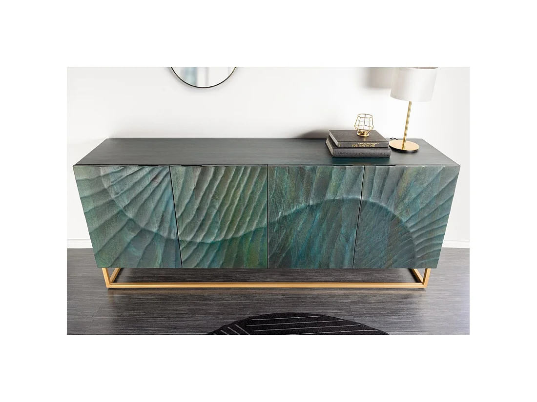 Buffet LUMBER 180 cm – Legno scolpito turchese e dorato, stile design contemporaneo