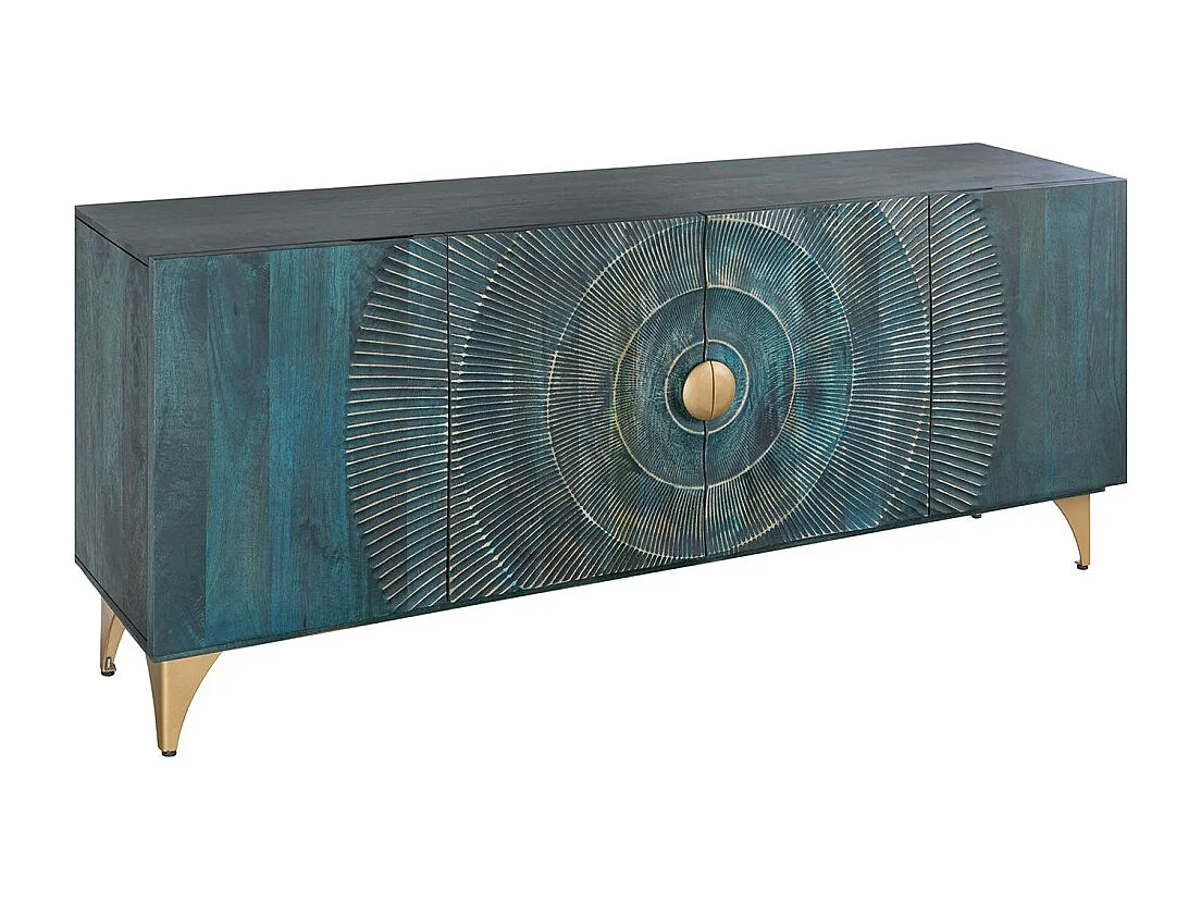 Buffet SOLARIS 180 cm en bois massif sculpté bleu et doré – 4 portes