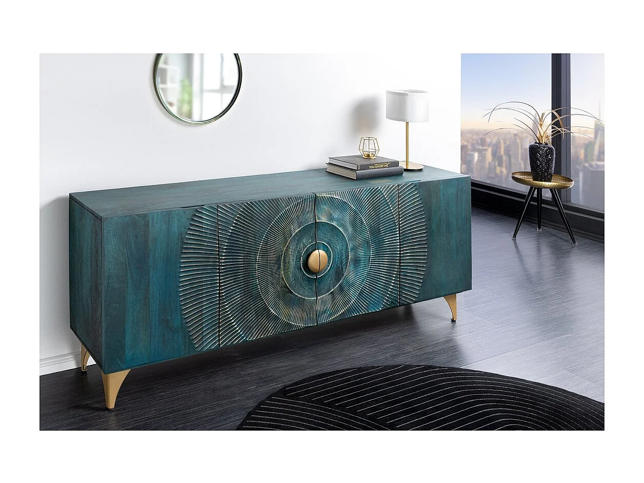 Buffet SOLARIS 180 cm en bois massif sculpté bleu et doré – 4 portes