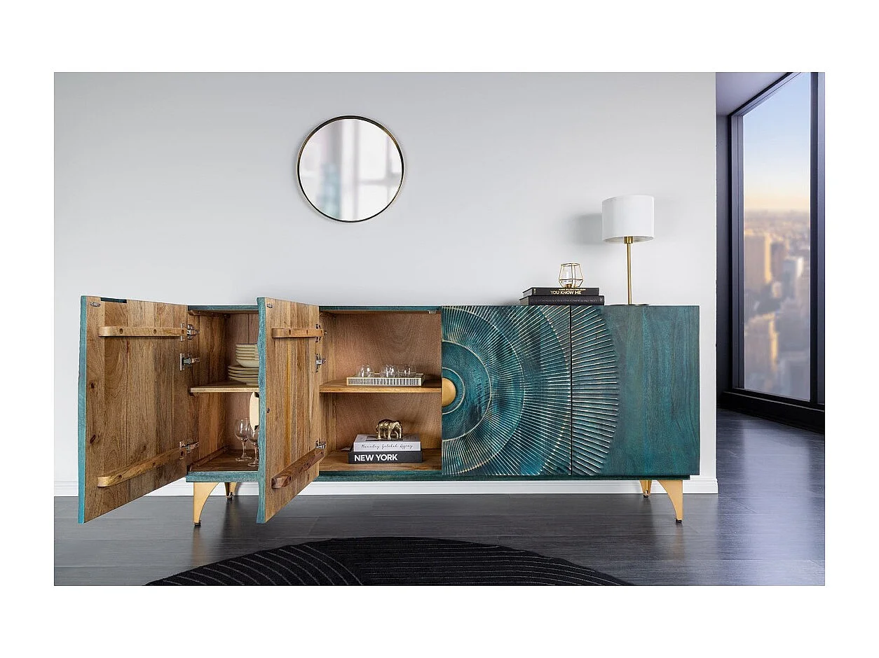 Buffet SOLARIS 180 cm en bois massif sculpté bleu et doré – 4 portes
