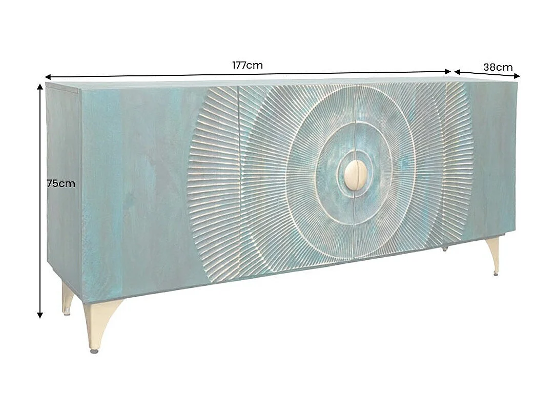Buffet SOLARIS 180 cm en bois massif sculpté bleu et doré – 4 portes