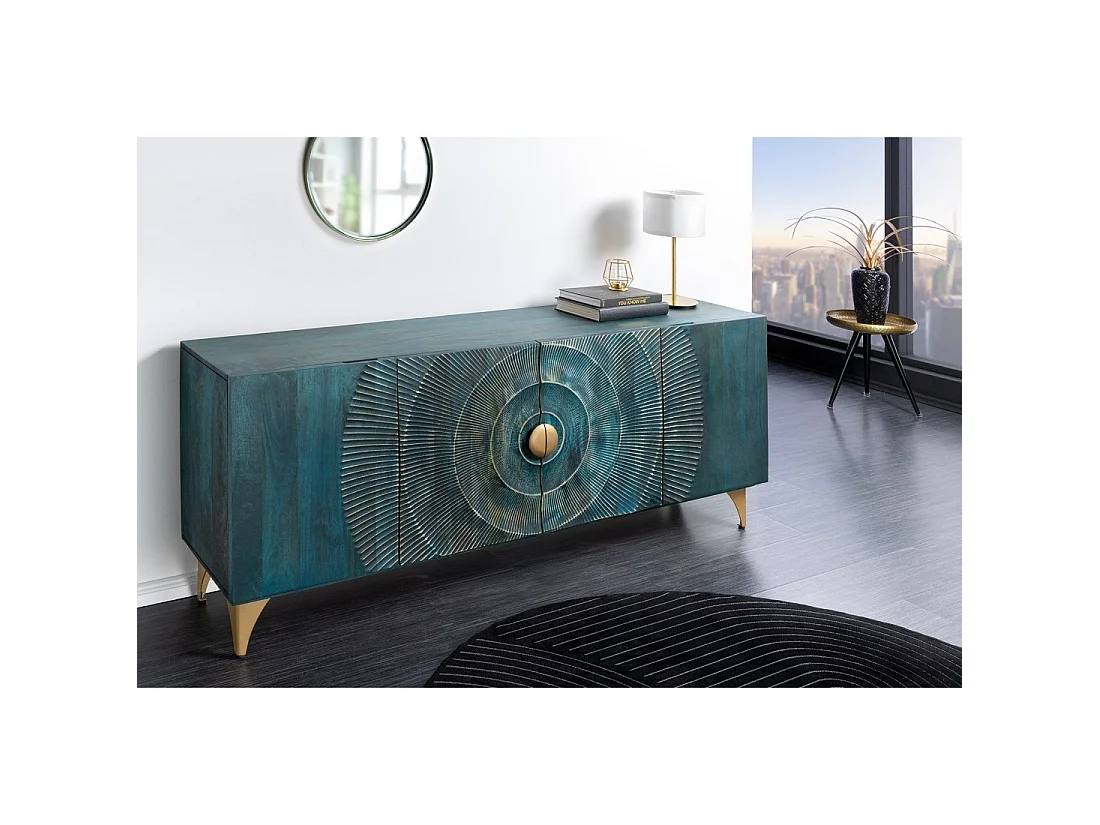 Buffet SOLARIS 180 cm in massief hout uitgesneden blauw en goud – 4 deuren