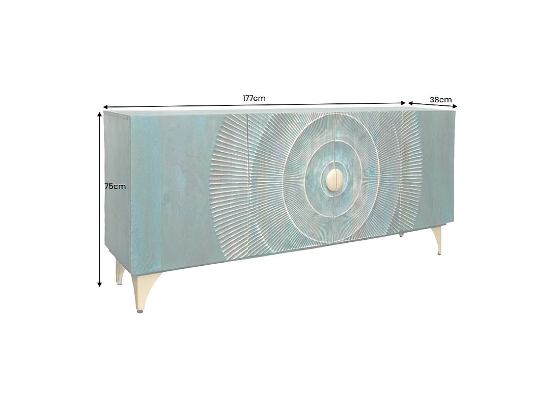 Buffet SOLARIS 180 cm in massief hout uitgesneden blauw en goud – 4 deuren