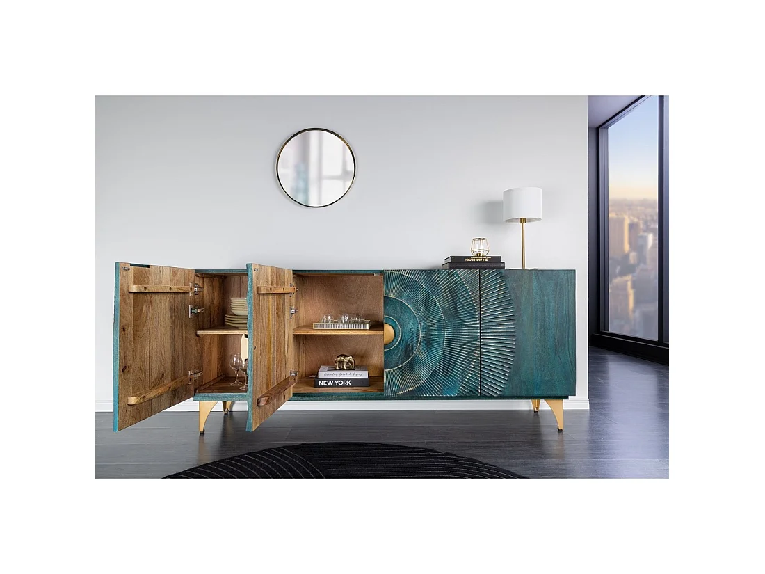 Buffet SOLARIS 180 cm in massief hout uitgesneden blauw en goud – 4 deuren