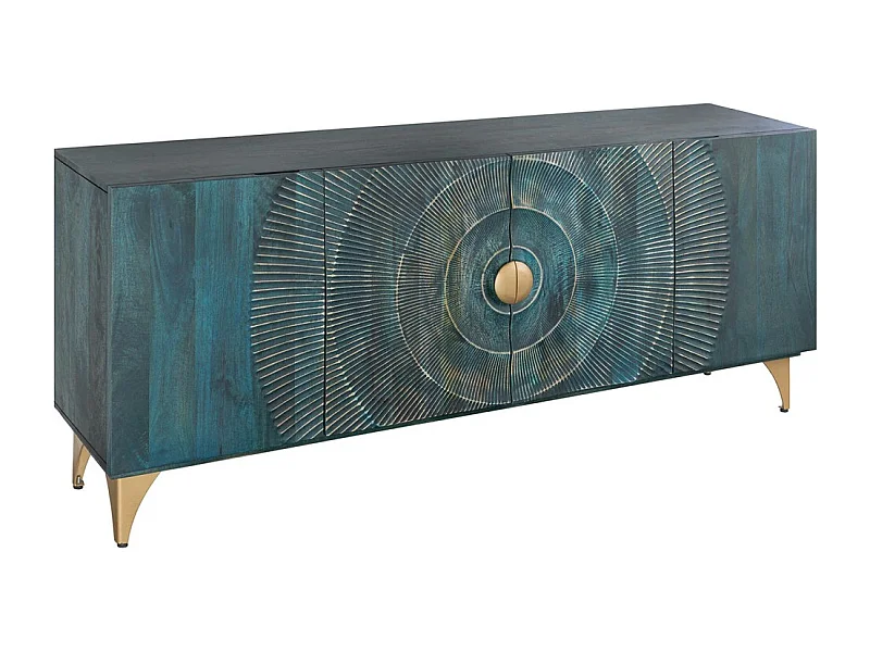 Buffet SOLARIS 180 cm en bois massif sculpté bleu et doré – 4 portes