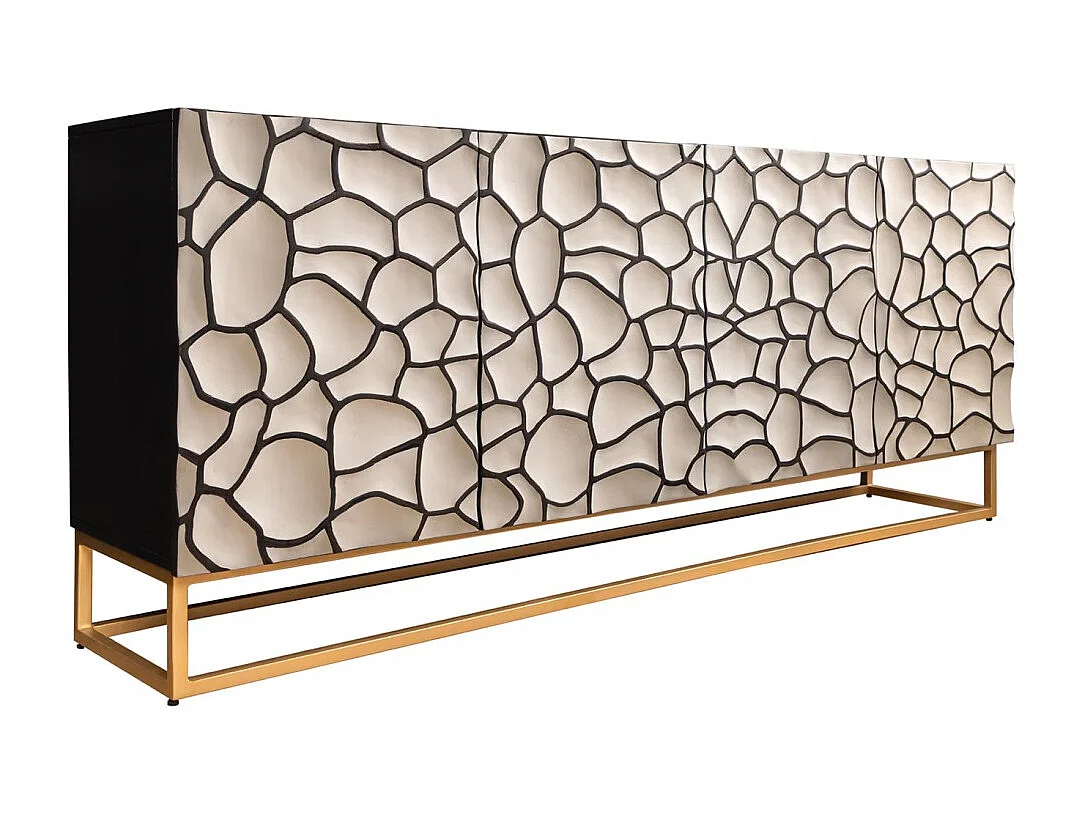 Buffet TERRAKAN 180 cm – Bois massif noir et blanc sculpté avec pieds dorés