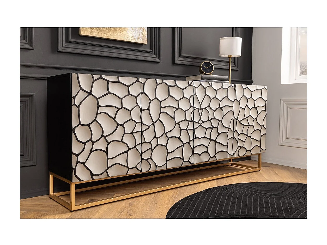 Buffet TERRAKAN 180 cm – Bois massif noir et blanc sculpté avec pieds dorés