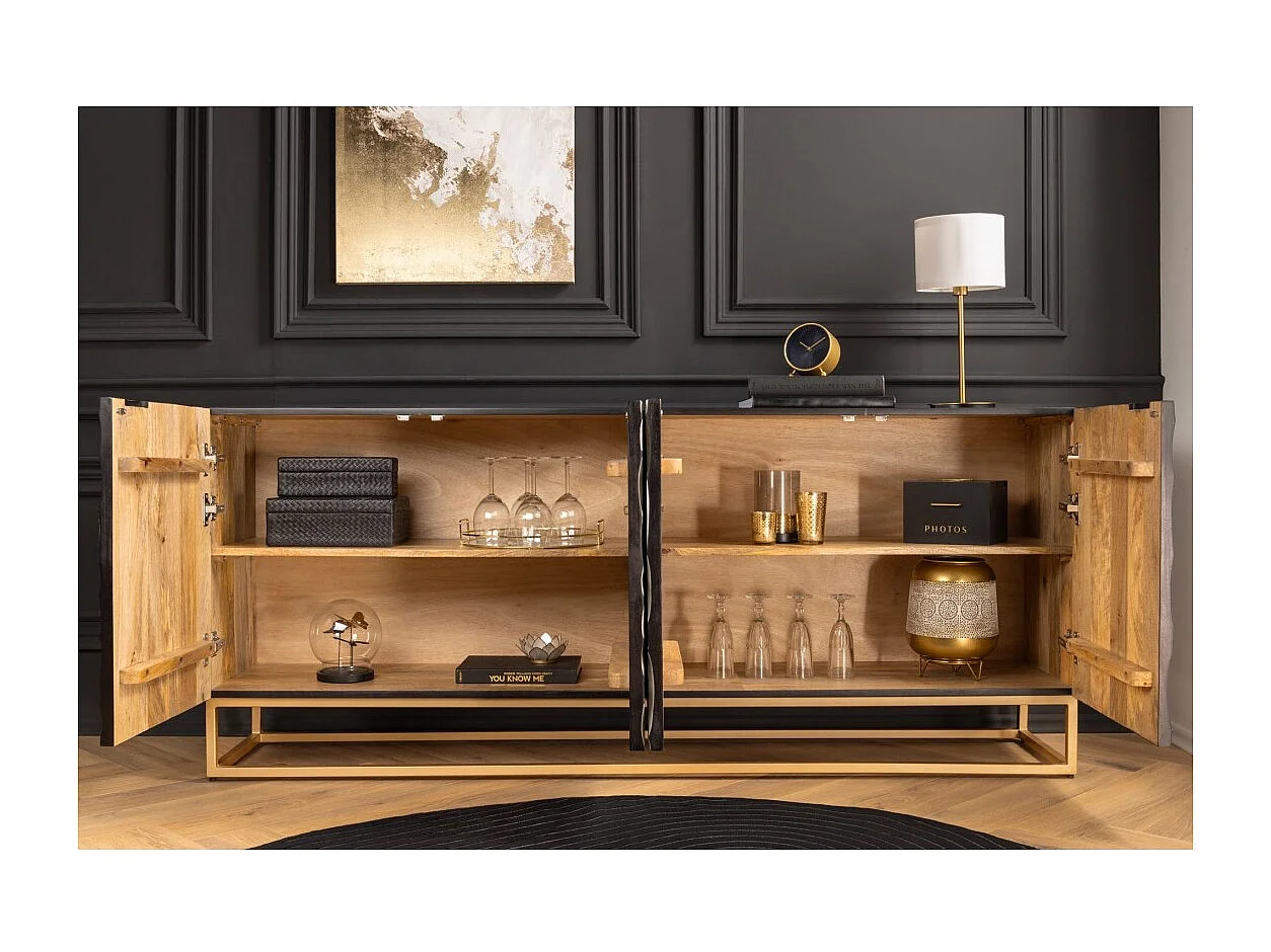 Buffet TERRAKAN 180 cm – Bois massif noir et blanc sculpté avec pieds dorés