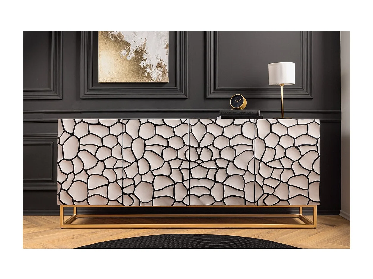 Buffet TERRAKAN 180 cm – Bois massif noir et blanc sculpté avec pieds dorés