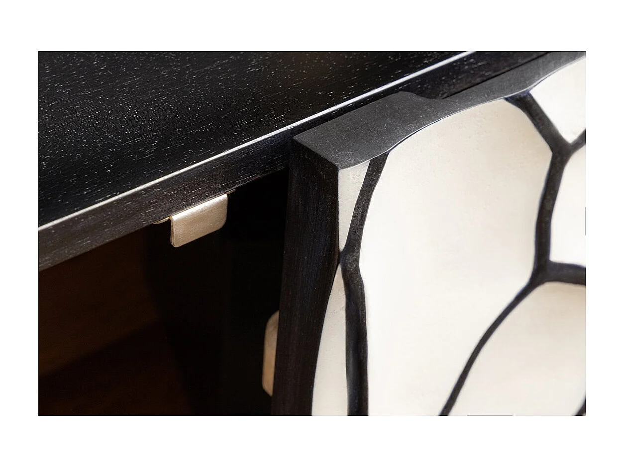 Buffet TERRAKAN 180 cm – Bois massif noir et blanc sculpté avec pieds dorés