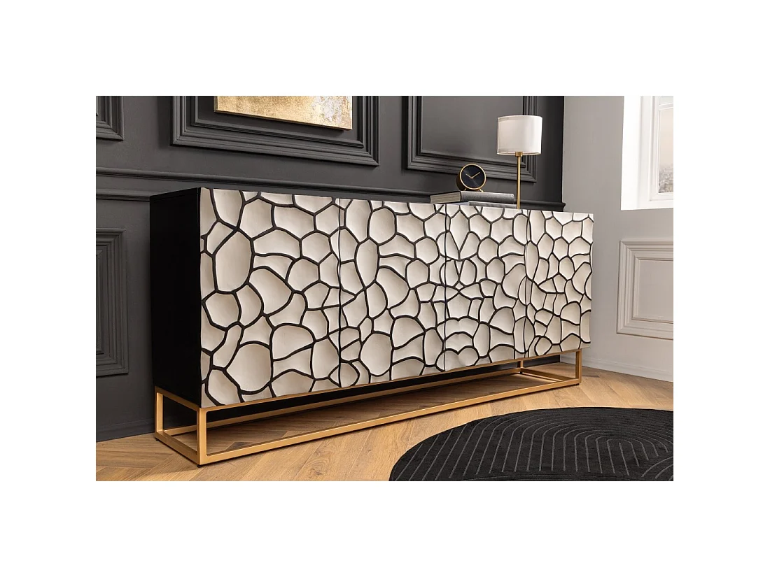 Buffet TERRAKAN 180 cm – Legno massiccio nero e bianco scolpito con piedi dorati