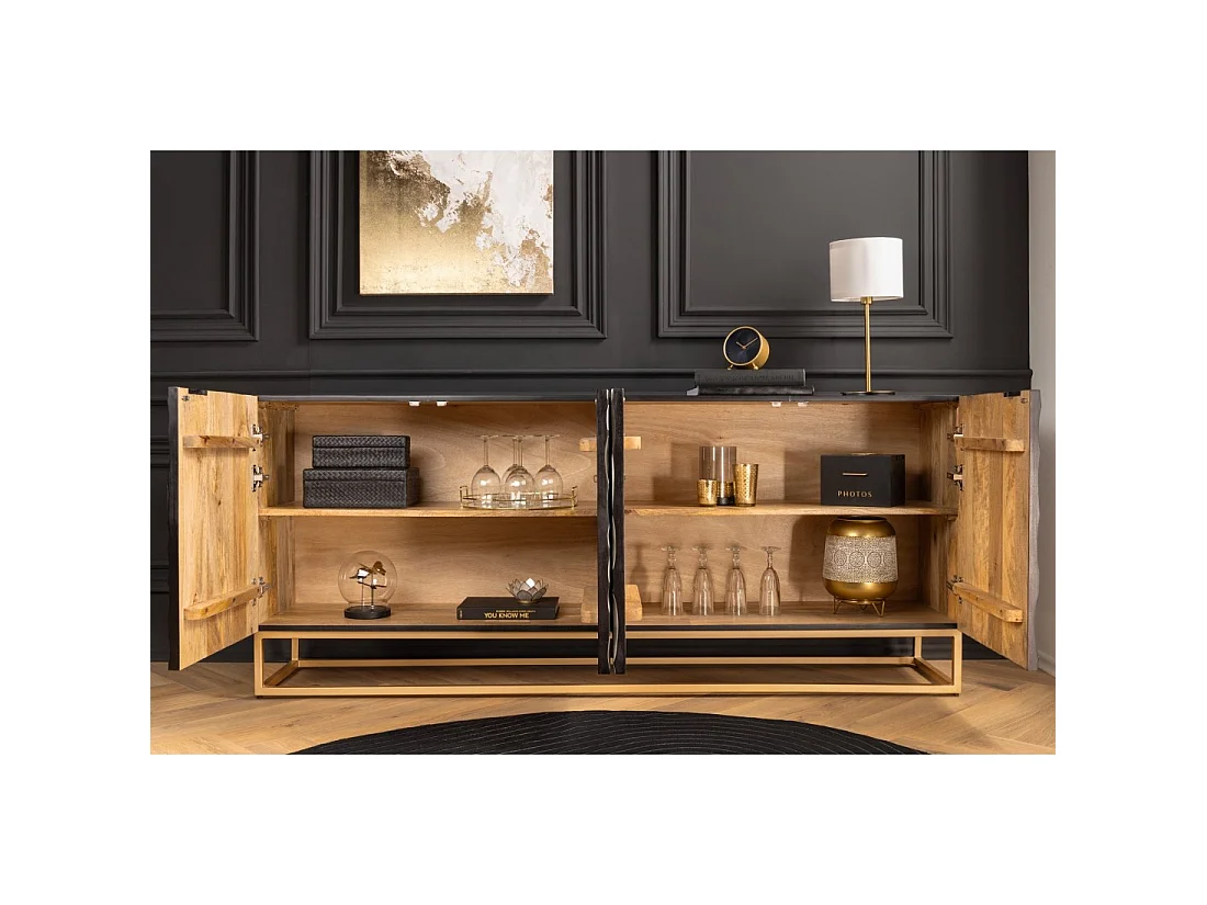 Buffet TERRAKAN 180 cm – Legno massiccio nero e bianco scolpito con piedi dorati