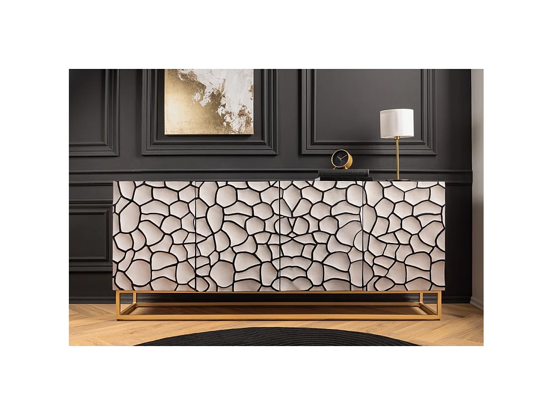 Buffet TERRAKAN 180 cm – Legno massiccio nero e bianco scolpito con piedi dorati