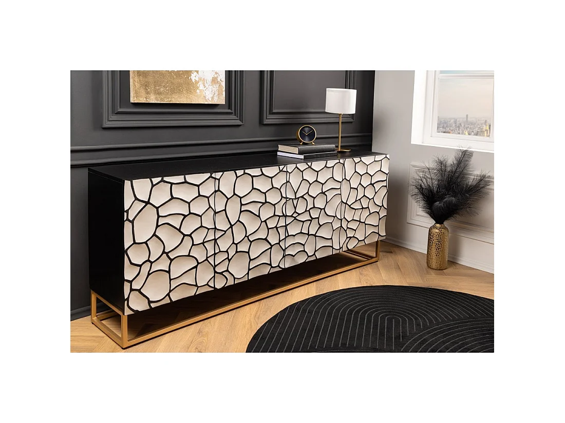 Buffet TERRAKAN 180 cm – Legno massiccio nero e bianco scolpito con piedi dorati