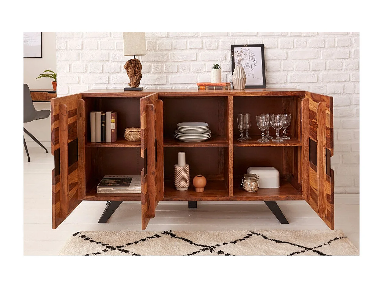 Buffet ORKAN 150 cm – Massief Sheeshamhout en zwart metaal – 3 deuren in industriële stijl