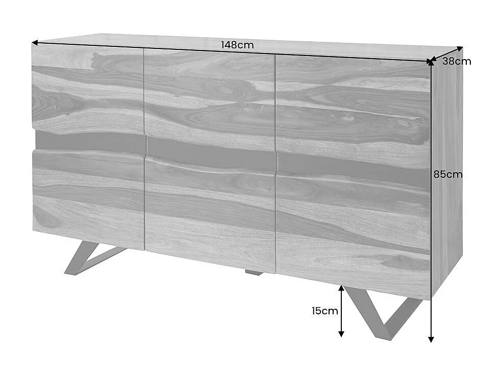 Buffet ORKAN 150 cm – Massief Sheeshamhout en zwart metaal – 3 deuren in industriële stijl