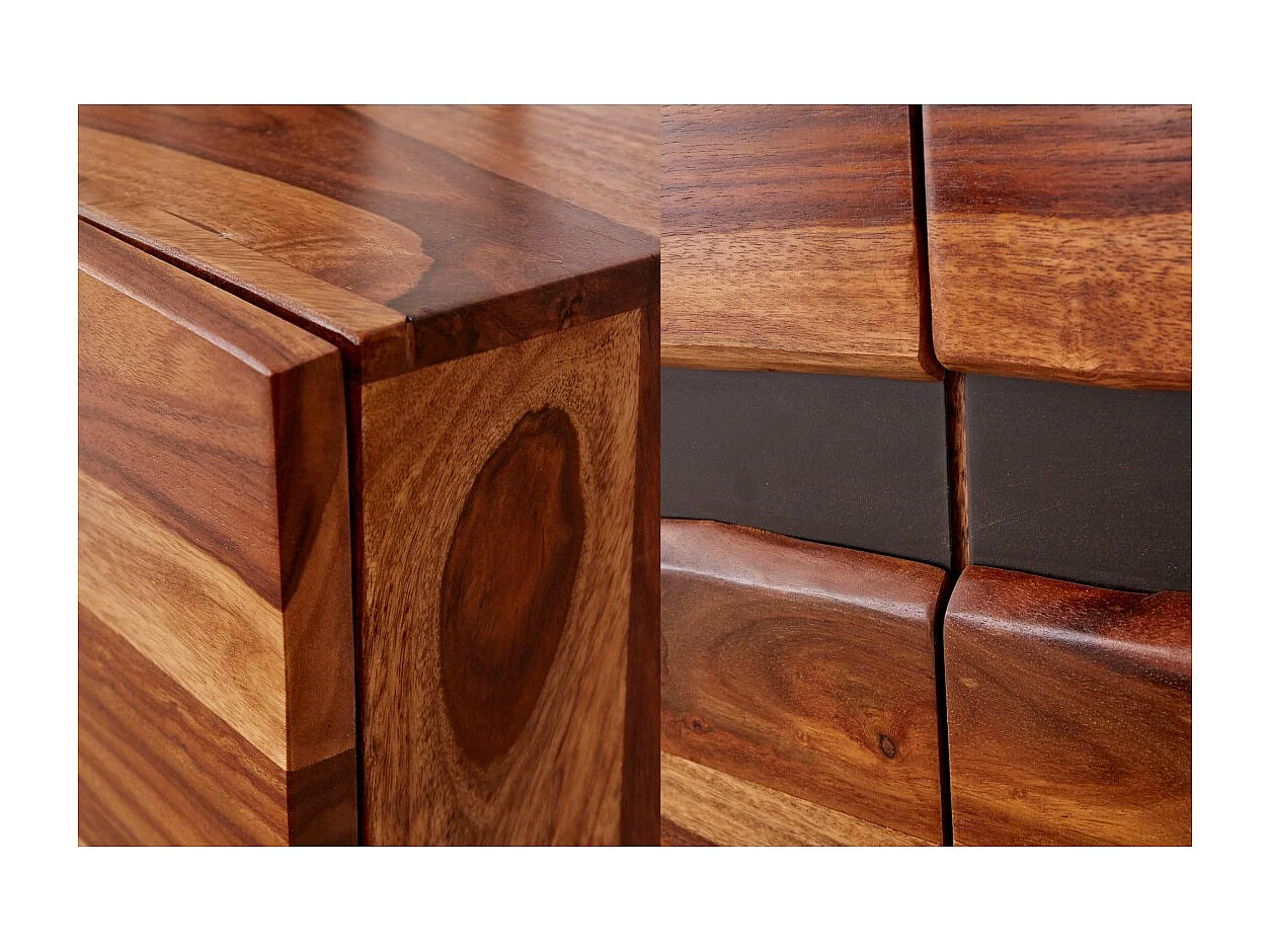 Buffet ORKAN 150 cm – Massief Sheeshamhout en zwart metaal – 3 deuren in industriële stijl