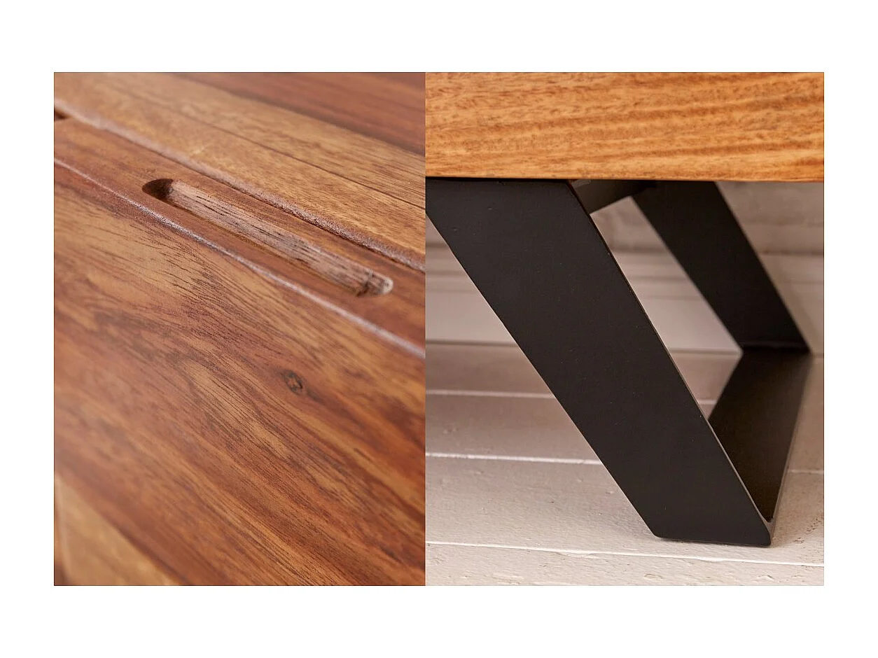 Buffet ORKAN 150 cm – Massief Sheeshamhout en zwart metaal – 3 deuren in industriële stijl