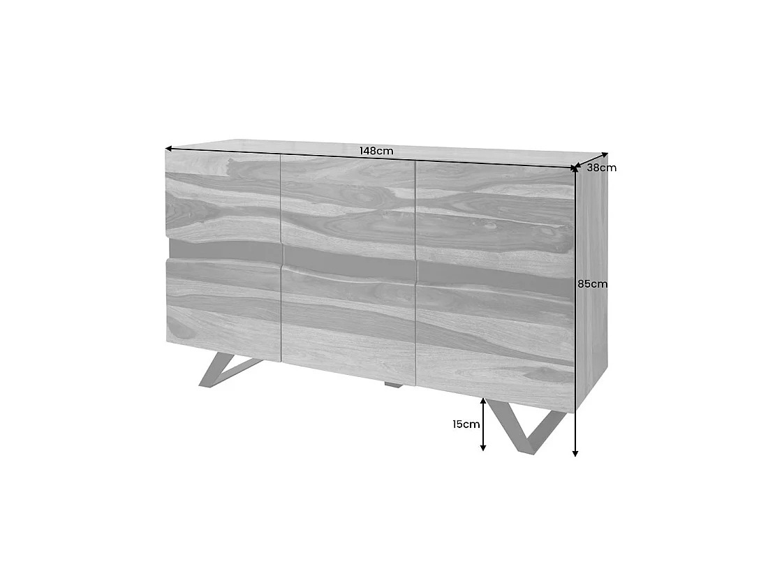 Buffet ORKAN 150 cm – Massief Sheeshamhout en zwart metaal – 3 deuren in industriële stijl