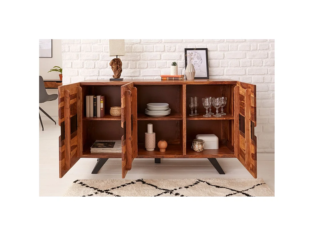 Buffet ORKAN 150 cm – Massief Sheeshamhout en zwart metaal – 3 deuren in industriële stijl