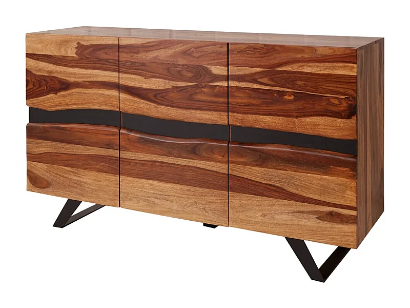 Buffet ORKAN 150 cm – Massief Sheeshamhout en zwart metaal – 3 deuren in industriële stijl