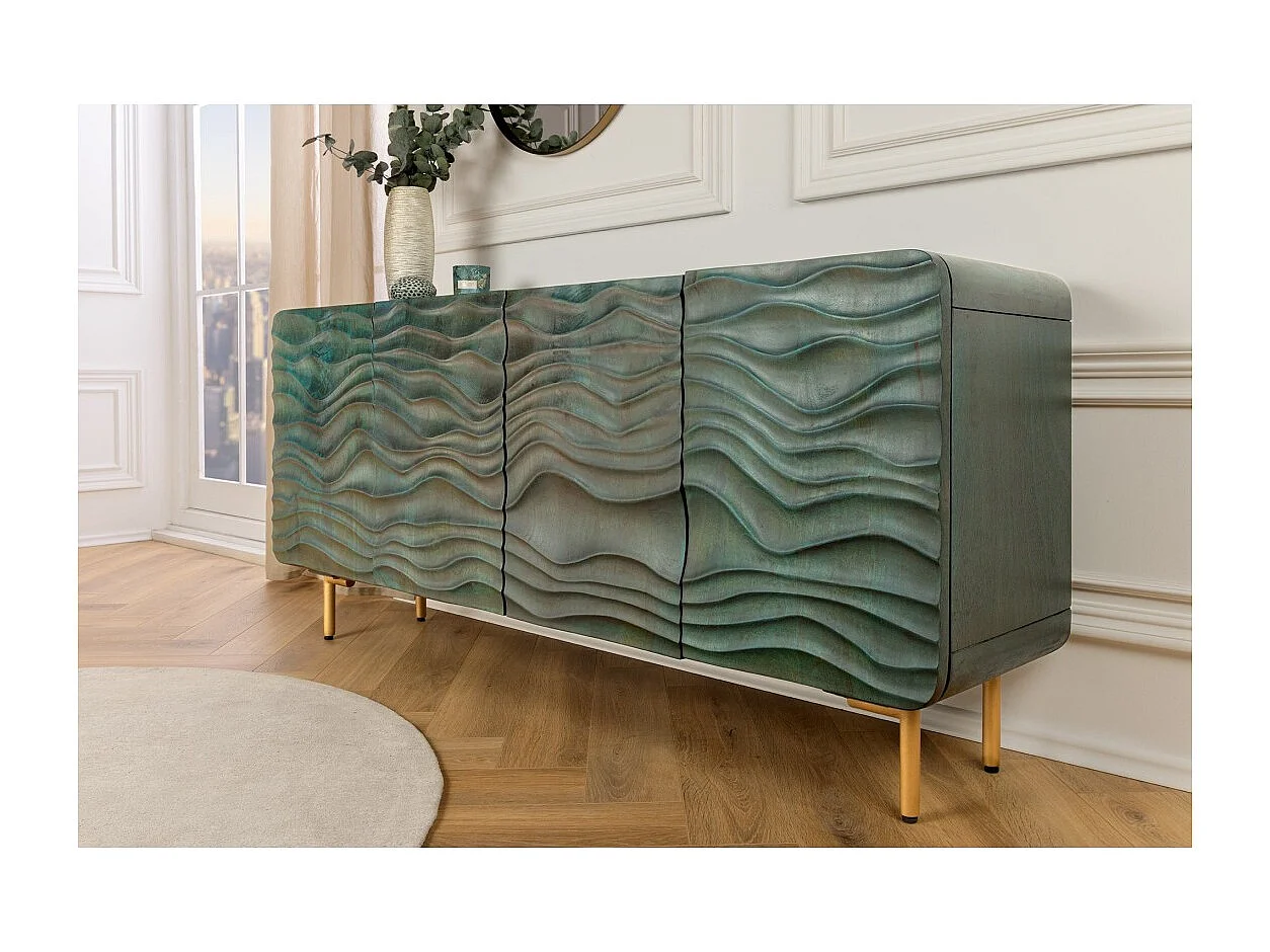 Buffet ONDARA 160 cm – Madera Maciza Verde Tallada – Patas Doradas – Diseño Contemporáneo