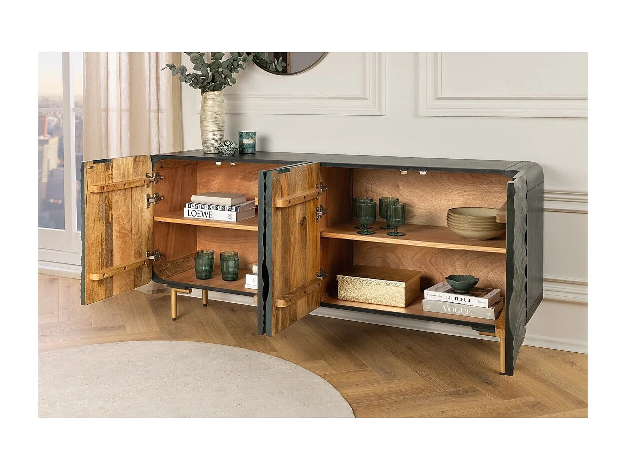 Buffet ONDARA 160 cm – Madera Maciza Verde Tallada – Patas Doradas – Diseño Contemporáneo
