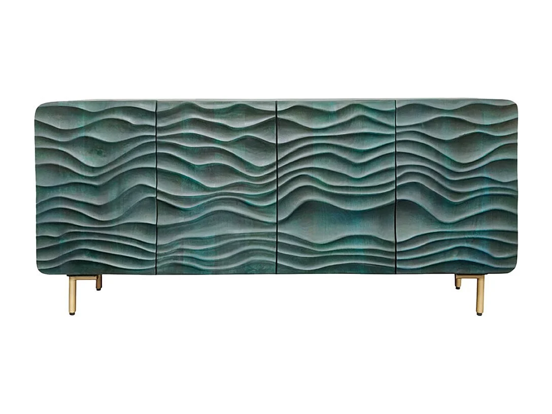Buffet ONDARA 160 cm – Madera Maciza Verde Tallada – Patas Doradas – Diseño Contemporáneo