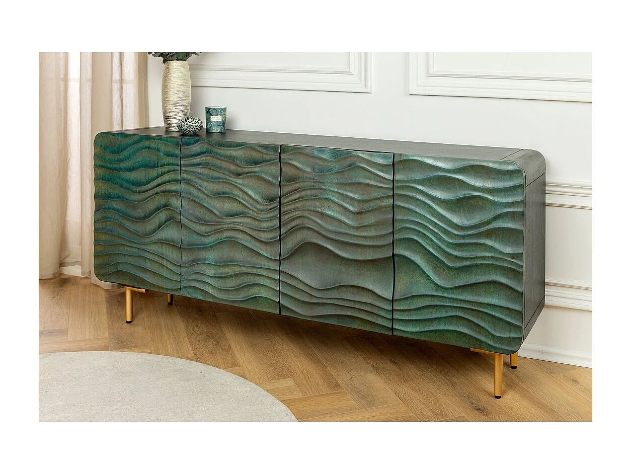 Buffet ONDARA 160 cm – Madera Maciza Verde Tallada – Patas Doradas – Diseño Contemporáneo