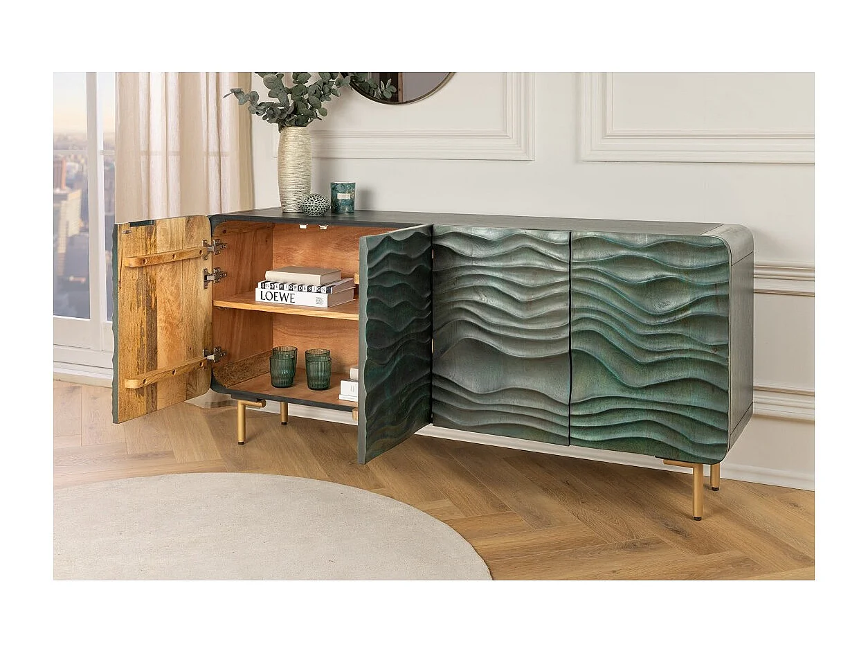 Buffet ONDARA 160 cm – Madera Maciza Verde Tallada – Patas Doradas – Diseño Contemporáneo