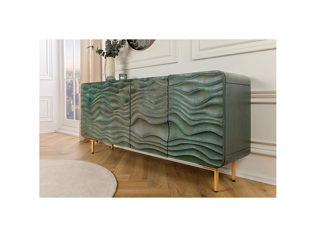 Buffet ONDARA 160 cm – Madera Maciza Verde Tallada – Patas Doradas – Diseño Contemporáneo