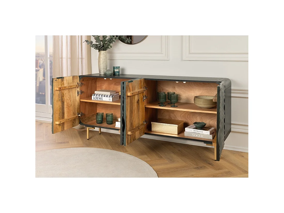 Buffet ONDARA 160 cm – Madera Maciza Verde Tallada – Patas Doradas – Diseño Contemporáneo
