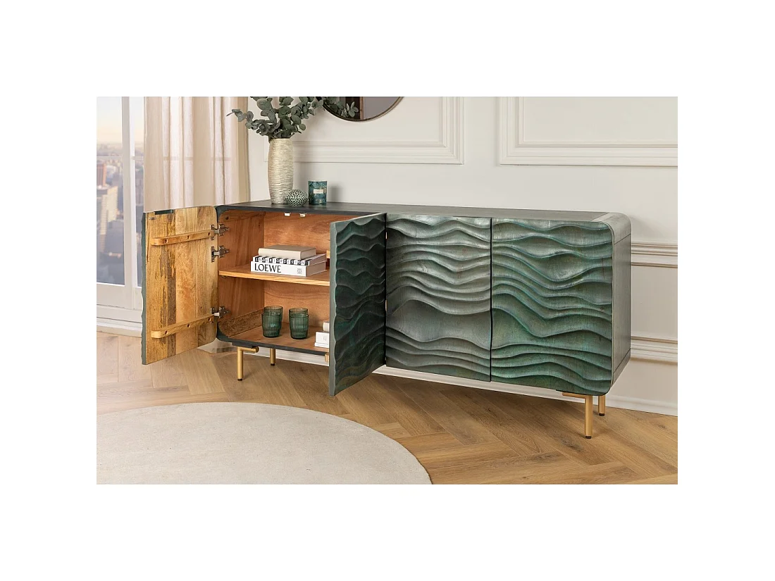 Buffet ONDARA 160 cm – Madera Maciza Verde Tallada – Patas Doradas – Diseño Contemporáneo