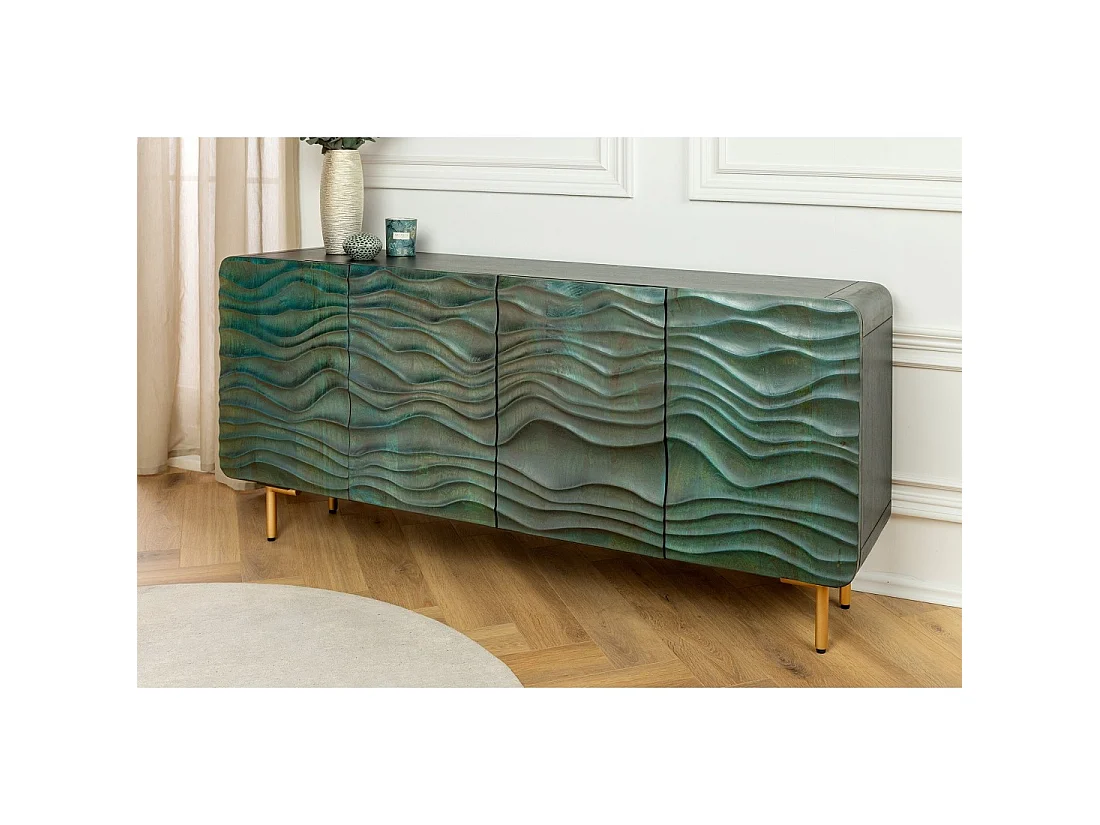 Buffet ONDARA 160 cm – Madera Maciza Verde Tallada – Patas Doradas – Diseño Contemporáneo