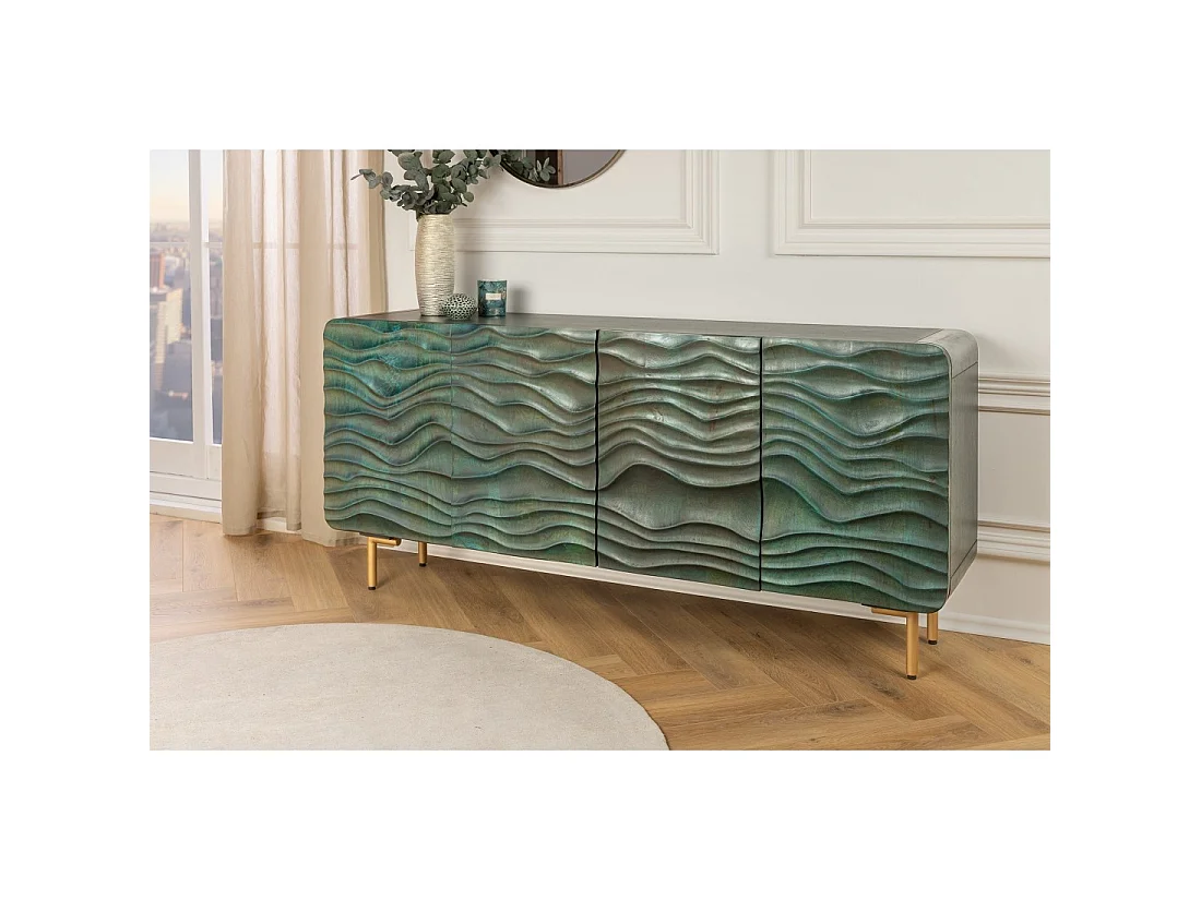 Buffet ONDARA 160 cm – Madera Maciza Verde Tallada – Patas Doradas – Diseño Contemporáneo