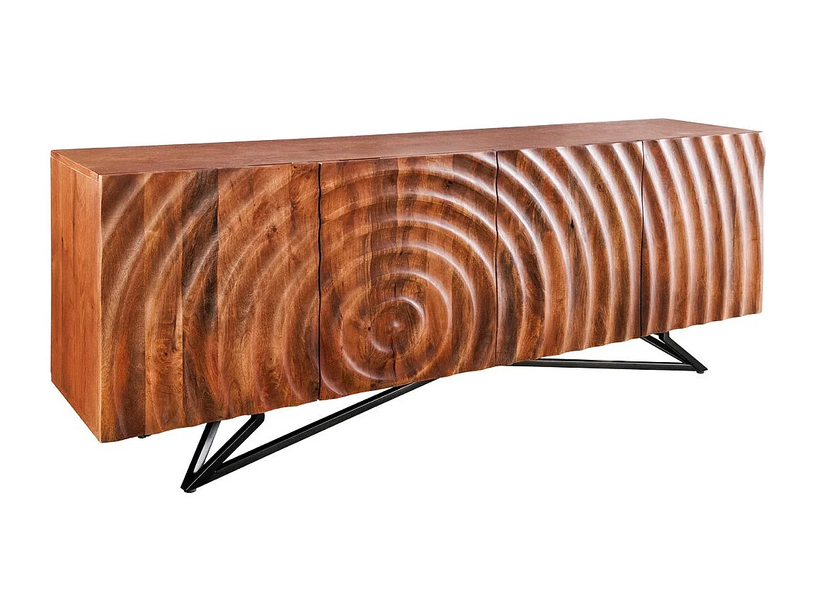 Buffet ZENWOOD 180 cm – Massivholz geschnitzt 3D und schwarzes Metall – 4 Türen