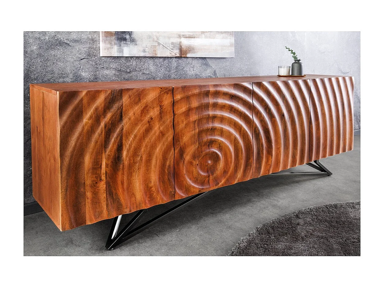 Buffet ZENWOOD 180 cm – Massivholz geschnitzt 3D und schwarzes Metall – 4 Türen