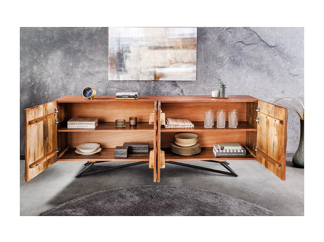 Buffet ZENWOOD 180 cm – Massivholz geschnitzt 3D und schwarzes Metall – 4 Türen
