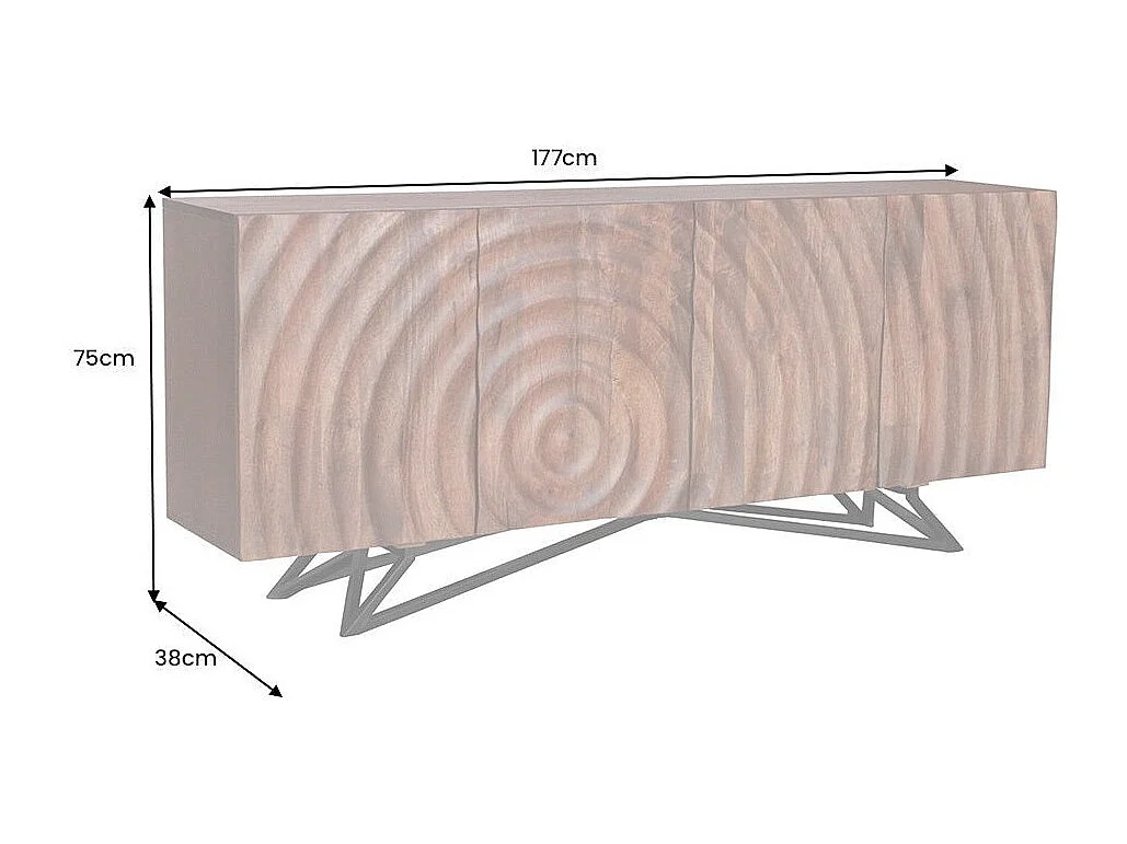Buffet ZENWOOD 180 cm – Massivholz geschnitzt 3D und schwarzes Metall – 4 Türen