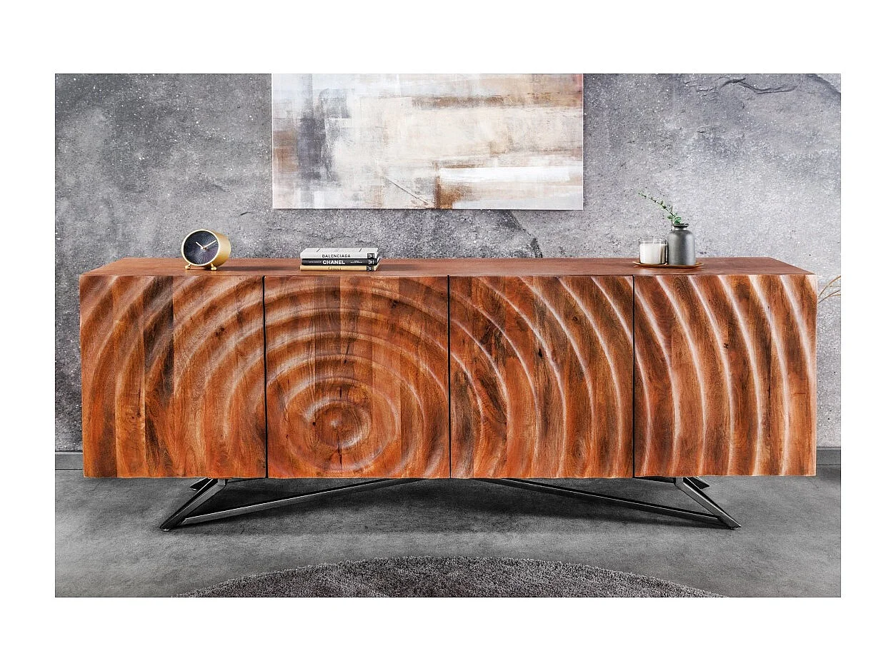 Buffet ZENWOOD 180 cm – Massivholz geschnitzt 3D und schwarzes Metall – 4 Türen