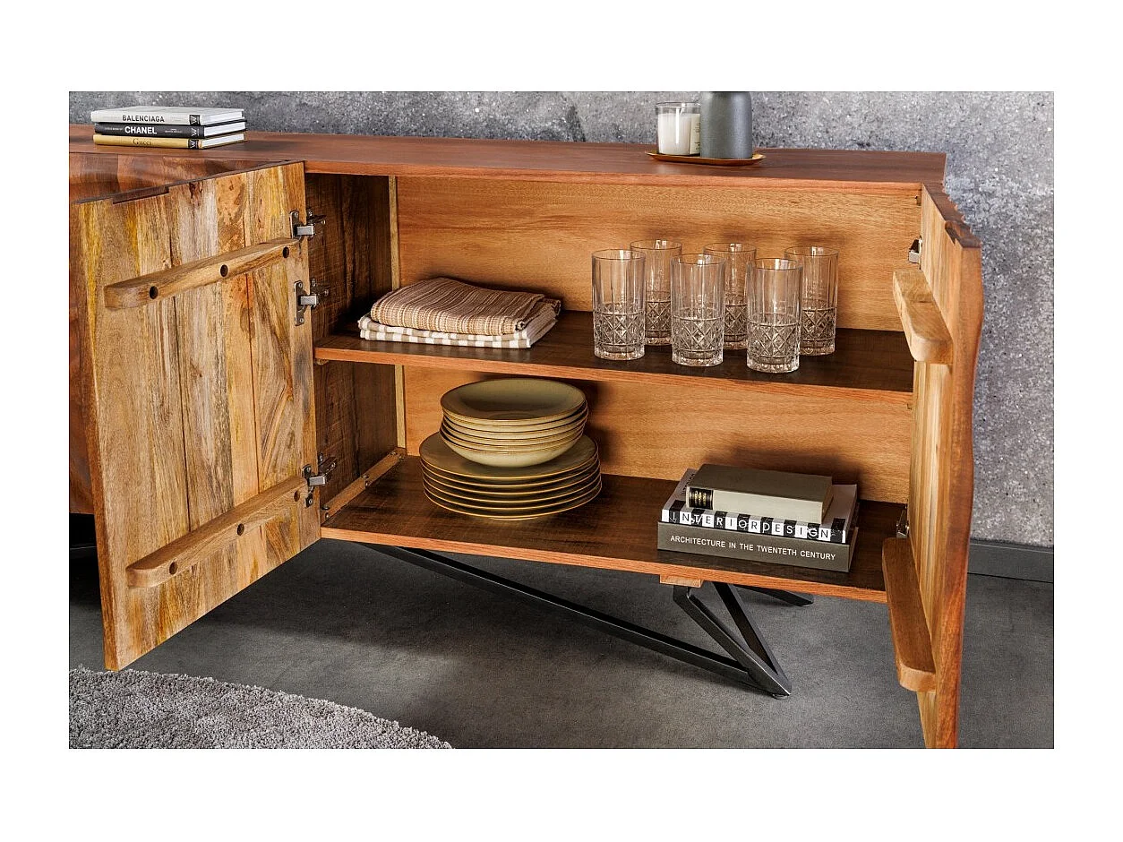 Buffet ZENWOOD 180 cm – Massivholz geschnitzt 3D und schwarzes Metall – 4 Türen