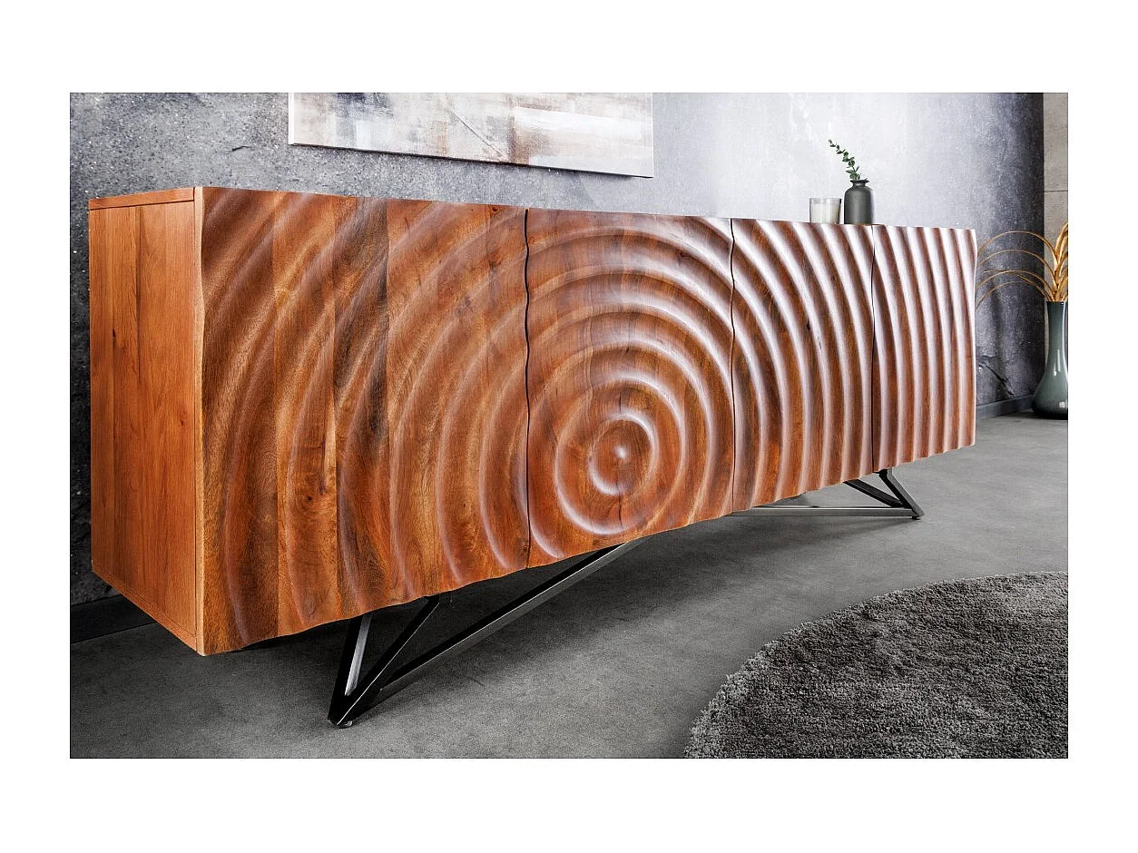 Buffet ZENWOOD 180 cm – Massivholz geschnitzt 3D und schwarzes Metall – 4 Türen
