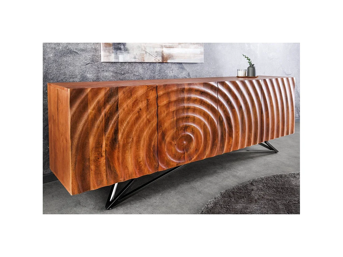 Buffet ZENWOOD 180 cm – Bois massif sculpté 3D et métal noir – 4 portes