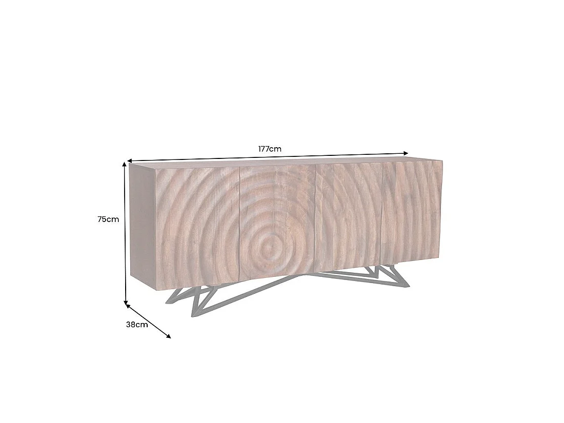 Buffet ZENWOOD 180 cm – Bois massif sculpté 3D et métal noir – 4 portes